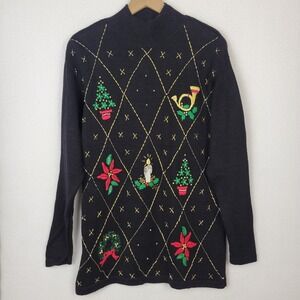 VTG‎ 90s Ugly Christmas Sweater M ShipNShore Black Kitsch Embellished Festive